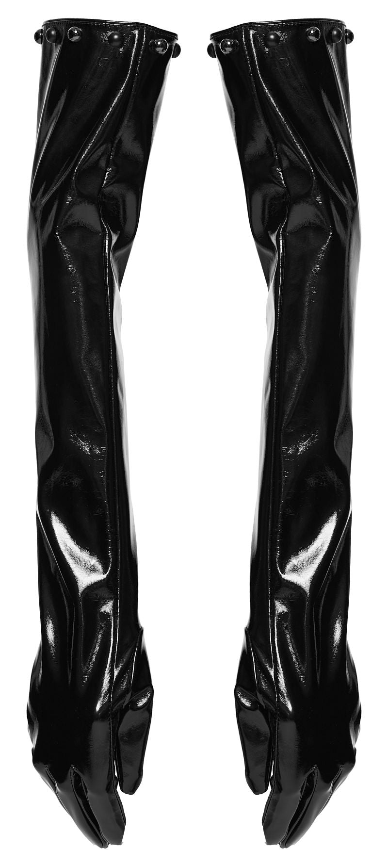 Schwarze, ellenbogenlange Fetisch-Handschuhe Mistress Mayhem Long PVC Gloves mit Nieten von Punk Rave