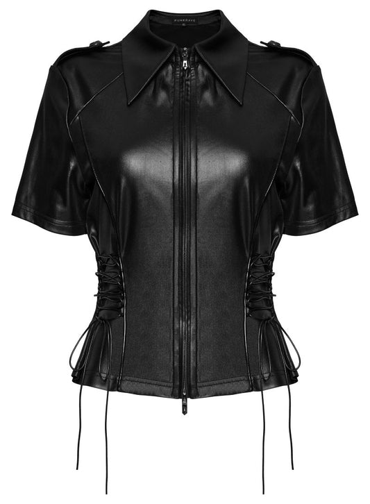 Schwarzes, kurzärmliges Oberteil UNDERWORLD LEATHER LOOK SHIRT in Lederoptik mit Schnürdetails an der Taille von Punk Rave