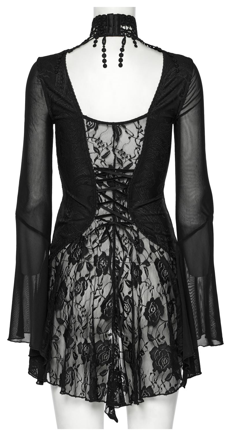 Schwarzes Shirt Danae Dark Laced Gothic Top mit floralem Spitzenmuster von Punk Rave