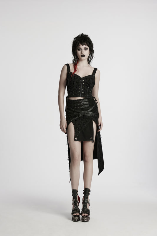 Schwarzer, langer Rock VOID WITCH POST APOCALYPTIC SKIRT im Distressed-Patchwork-Stil mit Schlitzen vorne und abnehmbarem Saum von Punk Rave