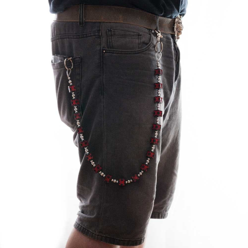 Silberfarbende Rockabilly Würfelkette Skull Schwarz/Rot mit großen, schwarzen Würfeln mit rotem Totenkopfprint im 3D-Design