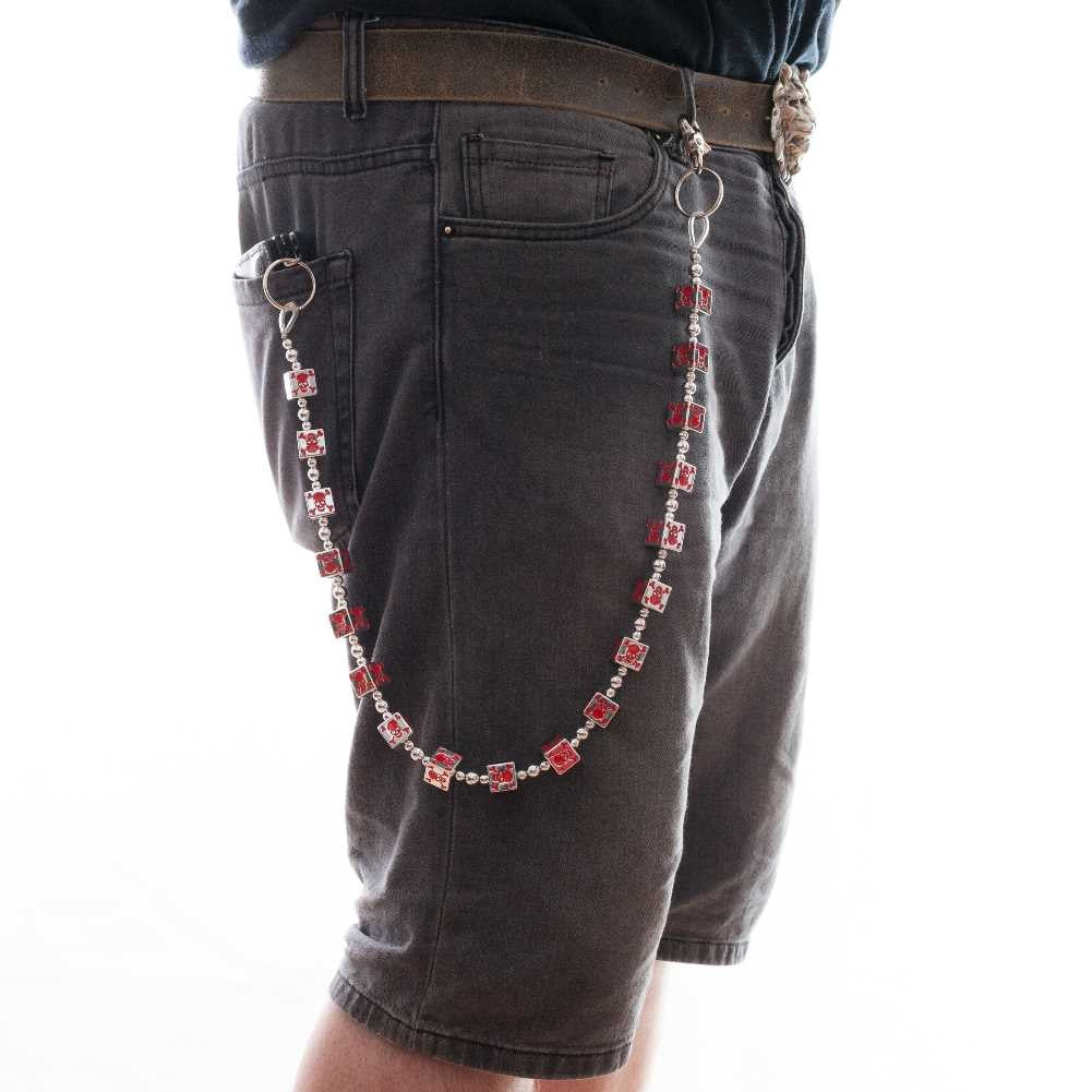 Silberfarbende Rockabilly Würfelkette Skull Silber/Rot mit großen, silberfarbenden Würfeln mit rotem Totenkopfprint im 3D-Design