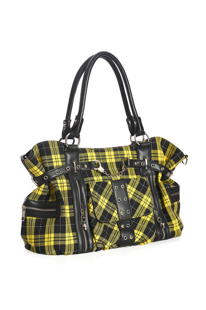 Gelb-karierte Handtasche YELLOW RISE UP BAG mit Handschellendetail und Seitentaschen von Banned