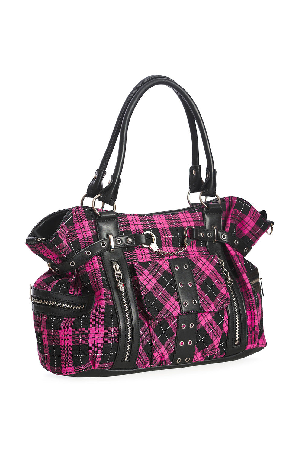 Pink-karierte Handtasche PINK RISE UP BAG mit Handschellendetail und Seitentaschen von Banned
