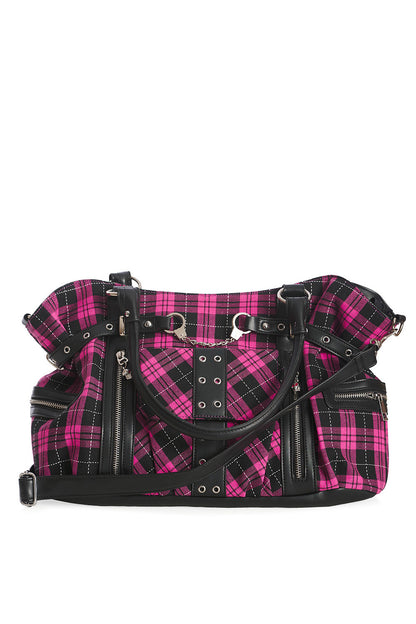 Pink-karierte Handtasche PINK RISE UP BAG mit Handschellendetail und Seitentaschen von Banned