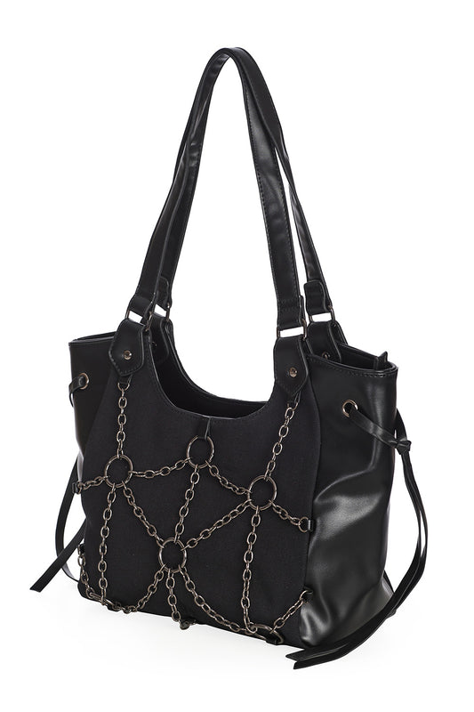 Schwarze Handtasche LAZARUS CHAIN TOTE BAG mit Zierketten und Ringen von Banned