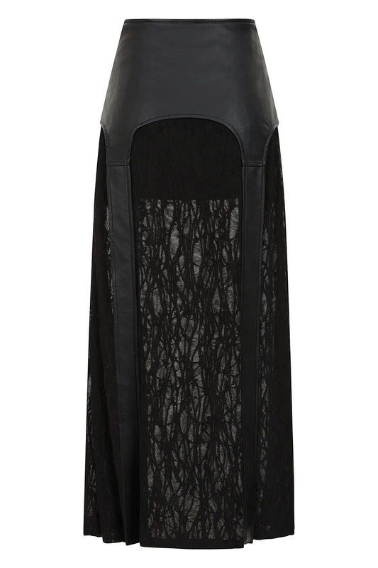 Schwarzer Rock Velkyn Long Skirt mit Mesh und Kunstlederelementen von Banned