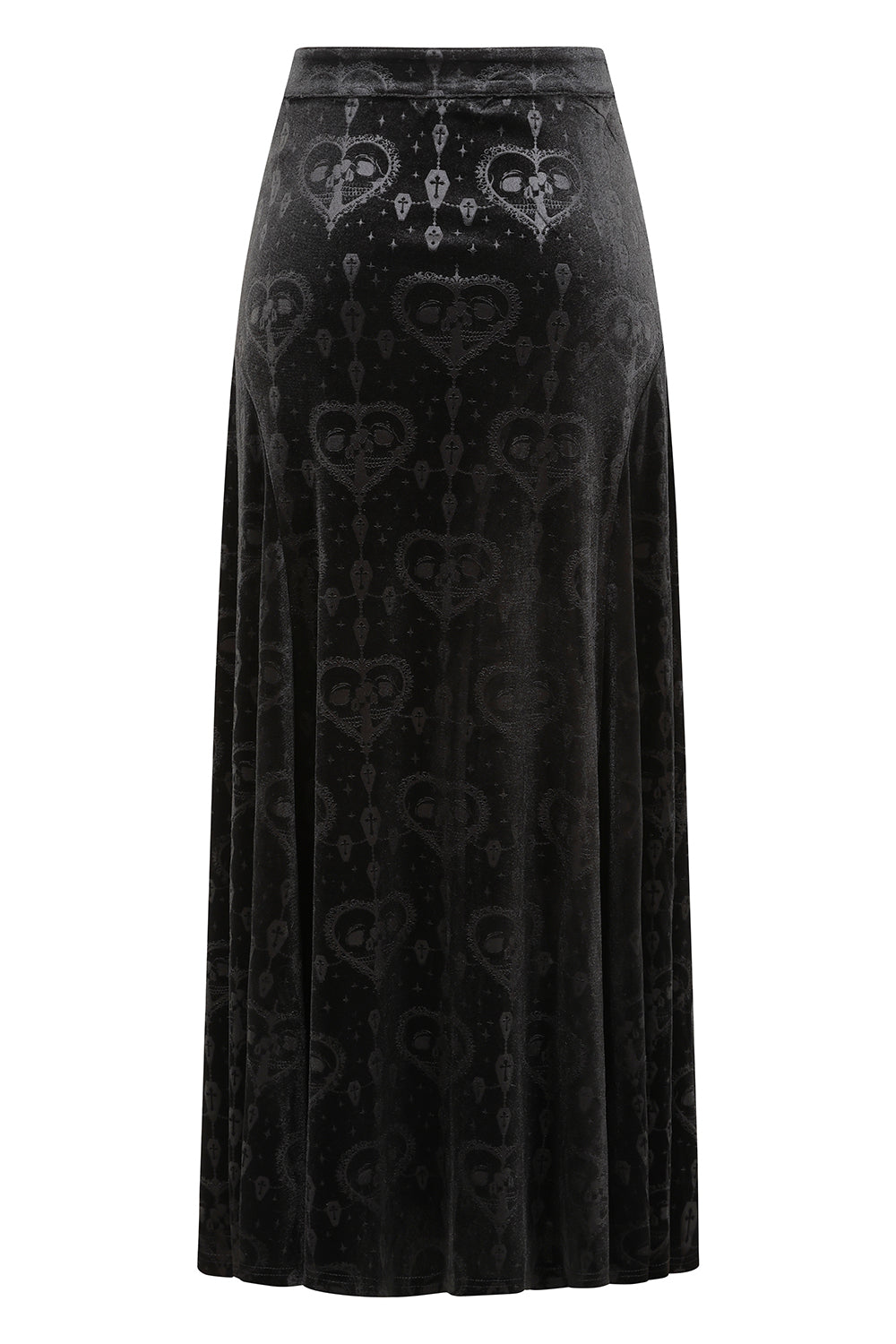 Schwarzer Rock Trivia Long Skirt mit Samtstoff und Herz/Schädel Muster von Banned