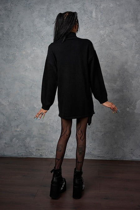 Schwarzes Kleid Twisted Batfall Knitted Dress mit grauem Strudeldesign von Banned