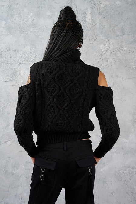 Schwarzer Strickpullover Cozy Riot Jumper mit Zierausschnitten an den Armen von Banned
