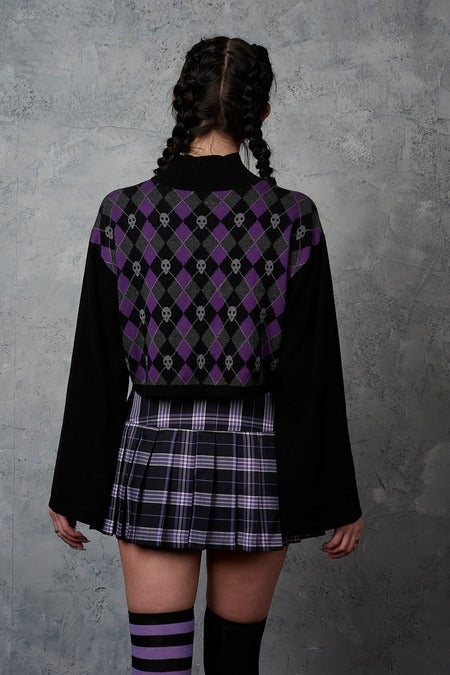 Schwarzer Rock DARKDOLL MINI SKIRT Purple mit lilanem Tartanmuster von Banned
