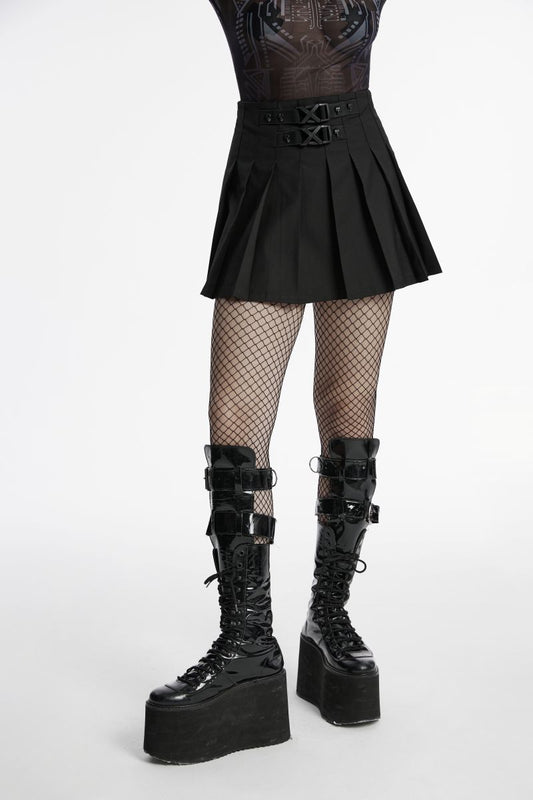 Schwarzer Minirock NEXUS PLEATED SKIRT im Techwear-Stil mit Schnallendetail von Punk Rave