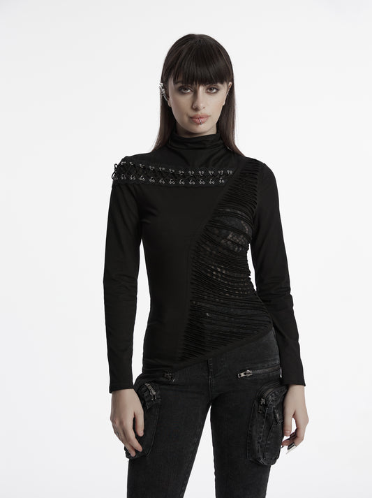 Schwarzes Gothic-Langarmshirt MURDERDOLL TOP mit Stehkragen und asymmetrischem Design von Punk Rave