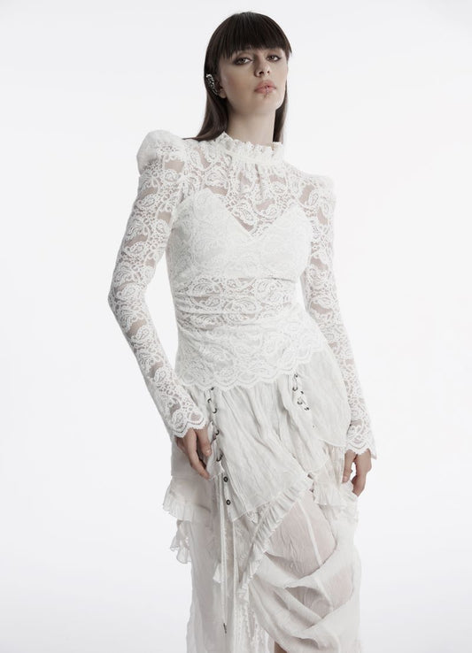 Weißes Spitzenshirt Daydreamer White Lace Top mit Paisley Muster von Punk Rave