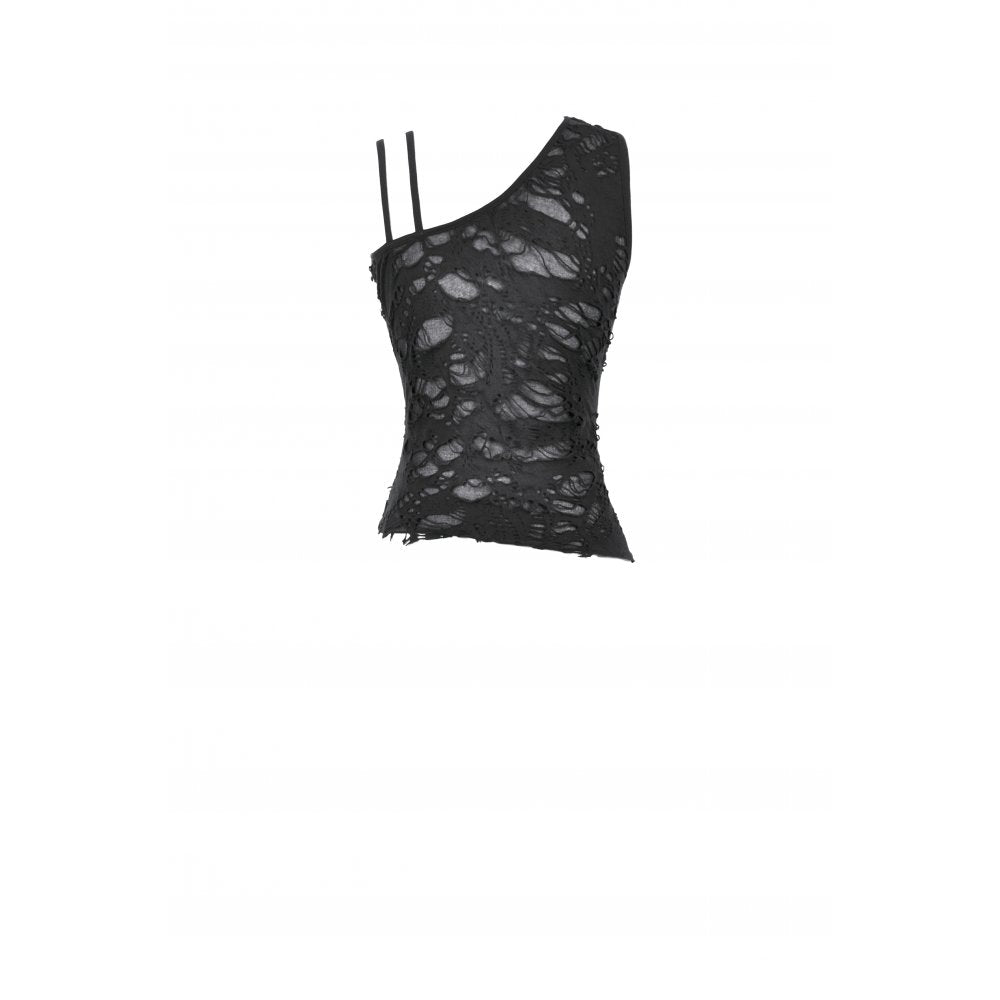 Schwarzes Oberteil Asymmetrical Ripped Punk Cut-Out Top mit Rissen, Trägern und Schnürung von Dark In Love