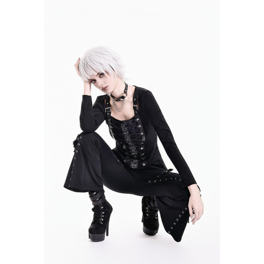 Schwarzes, langärmliges Oberteil Steel-Bonded Tendril Top mit Schnürungen vorne und Kunstlederdetails von Dark In Love