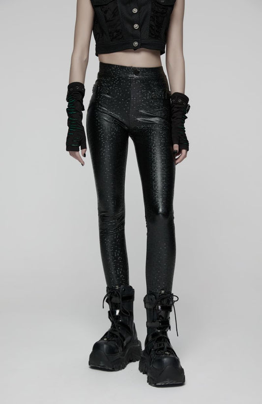 Leggings im Gothic-Cyberpunk-Lederlook Alien Skin Leggings mit Wabenmuster und Riemendetails von Punk Rave