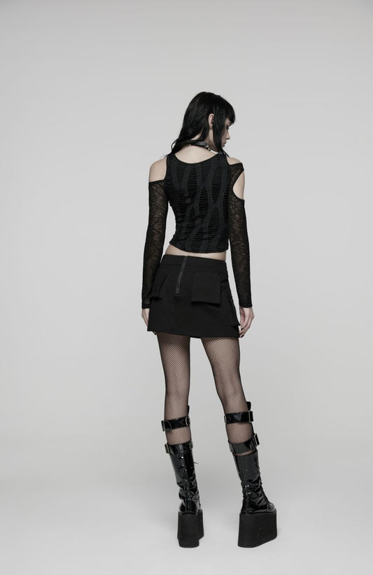 Schwarzes Langarmshirt Dark Renegade Top in asymmetrischem Design von Punk Rave