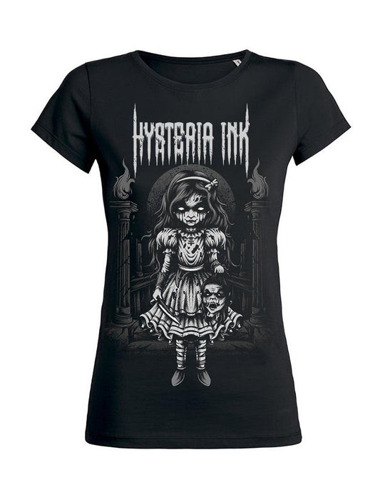 Schwarzes, tailliertes Serial Killer Shirt Ladies mit weißem, gruseligem Puppen-Print von Hysteria Ink
