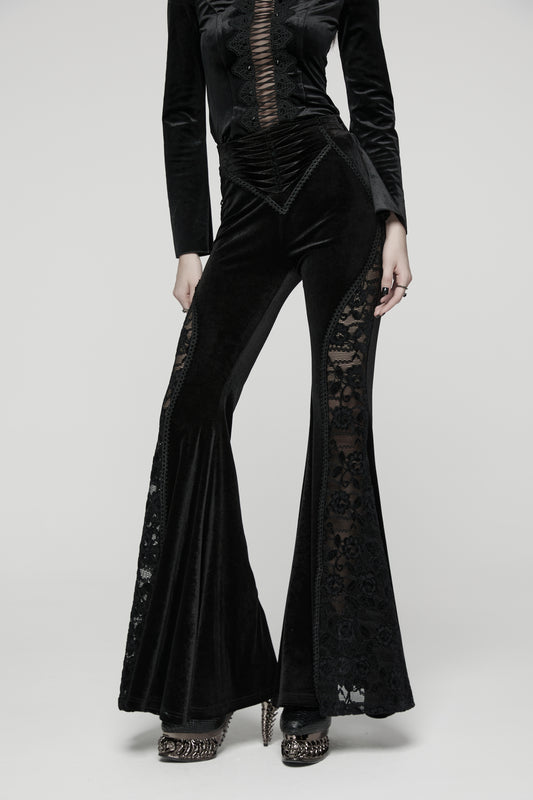 Schwarzer Samt-Schlaghose NOCTIS REGINA TROUSERS mit Spitzeneinsätzen von Punk Rave