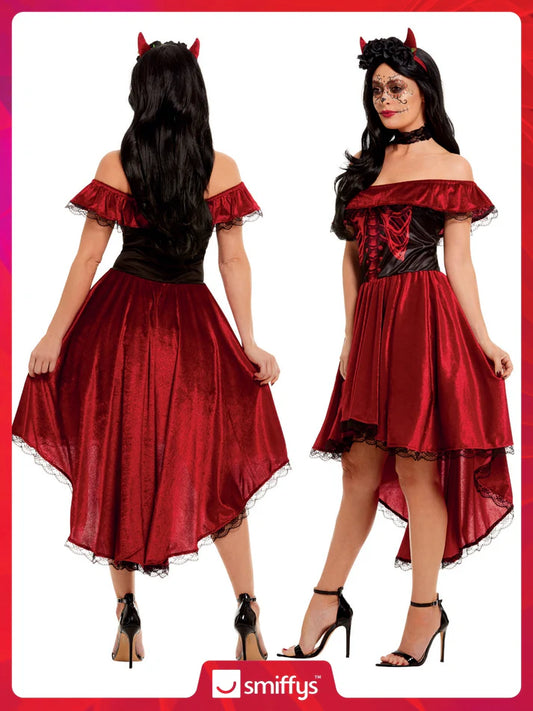 Rotes Kostüm Day Of The Dead Devil Costume, enthält Kleid, Choker und Haarreif mit Hörnern von Smiffys