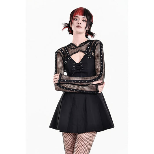 Schwarzes Oberteil Fishnet Spike Bolero aus Netzstoff mit Nietendetails und Netzkapuze von Dark In Love