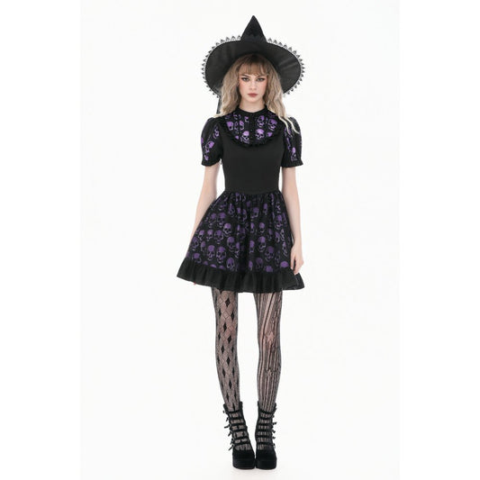 Schwarz/Lilanes kurzes Kleid, Purple Skull Whisper ist ein Dark-Lolita-Kleid mit Totenkopf-Print von Dark In Love