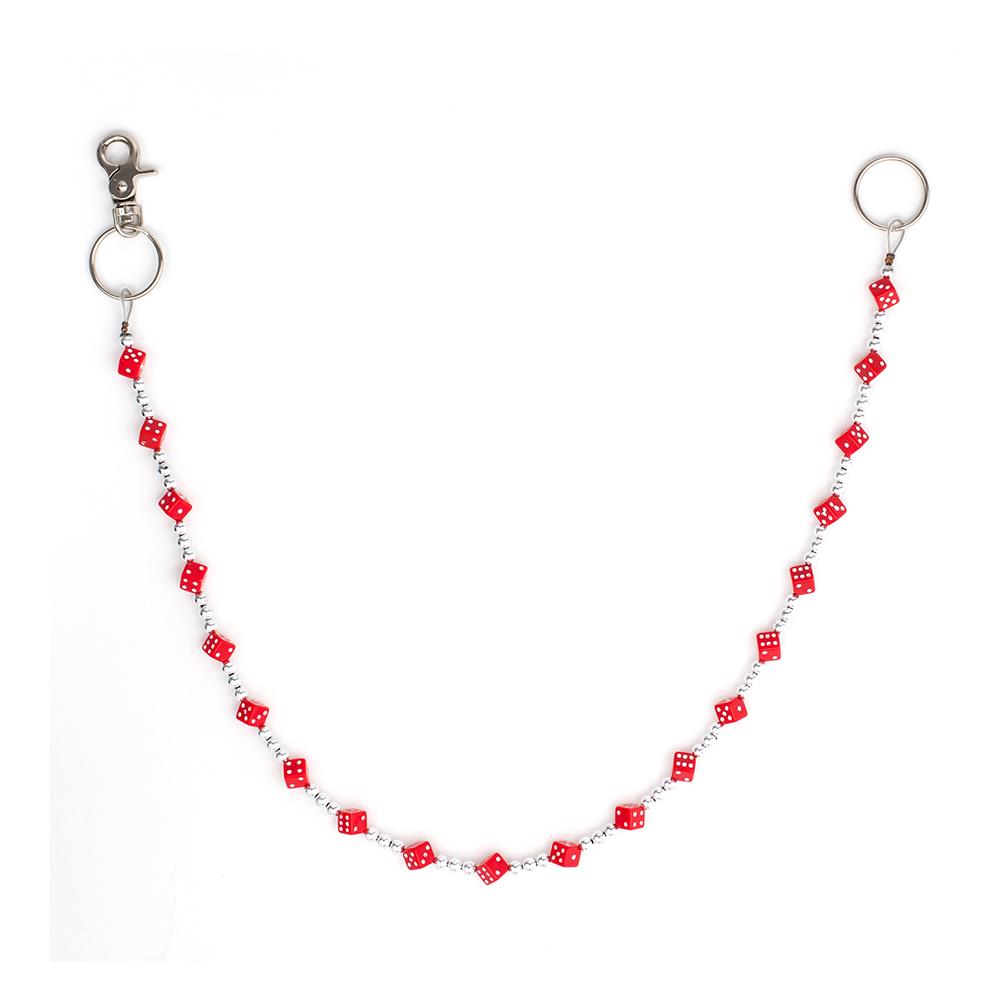 Silberfarbende Rockabilly Würfelkette Rot mit kleinen roten Würfeln mit weißen Punkten im 3D-Design