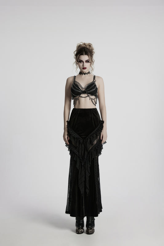 Schwarzer, langer Samtrock DAHLIA DARK MAXI SKIRT im Meerjungfrauen-Stil mit Rüschendetails und transparenten Einsätzen von Punk Rave