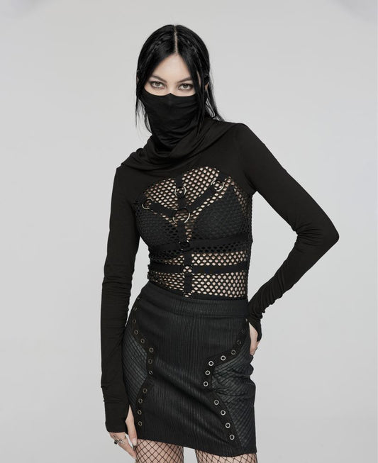 Schwarzes Shirt Tenebra Long-sleeved Top mit Mesh Body, Maske und Kapuze von Punk Rave