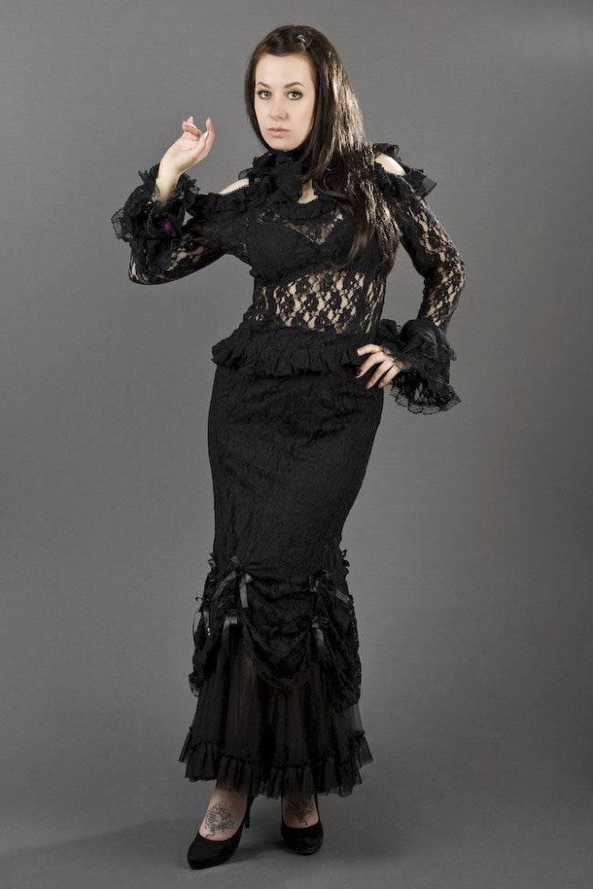Langärmeliges Gothic-Oberteil Queen Long Sleeve aus schwarzer Stretch-Spitze, mit Rüschen an Ärmelabschlüssen, Schultern und Kragen von Burleska
