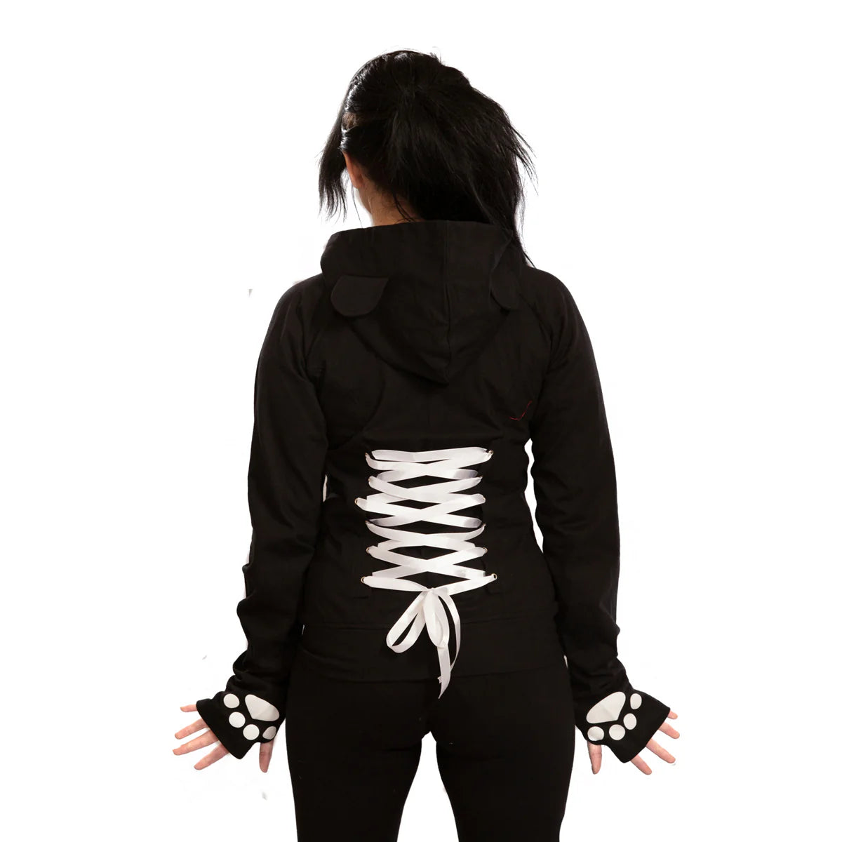 Schwarz/Weiße Sweatshirtjacke KP RAW HOOD mit Streifen and er Bauchtasche und Schnürung am Rücken von Killer Panda