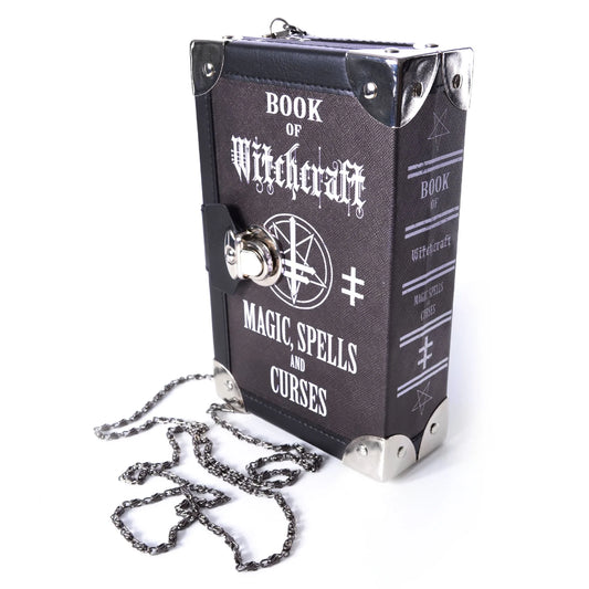 Schwarze kleine Umhängetasche MAGIC SPELLS BAG in Form eines Buches mit okkulten Symbolen und Schriftzügen von Poizen Industries