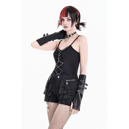 Schwarze Hotpants Daggered Vines Shorts Dark mit Überrock und Spitzendetails von Dark In Love