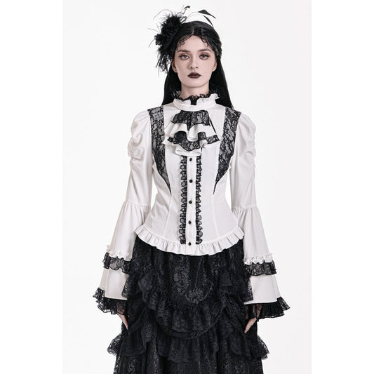 Weiße Bluse Chiaroscuro Symphony Blouse mit schwarzen Spitzendetails und Glockenärmeln von Dark In Love