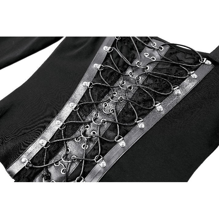 Schwarzes, langärmliges Oberteil Steel-Bonded Tendril Top mit Schnürungen vorne und Kunstlederdetails von Dark In Love