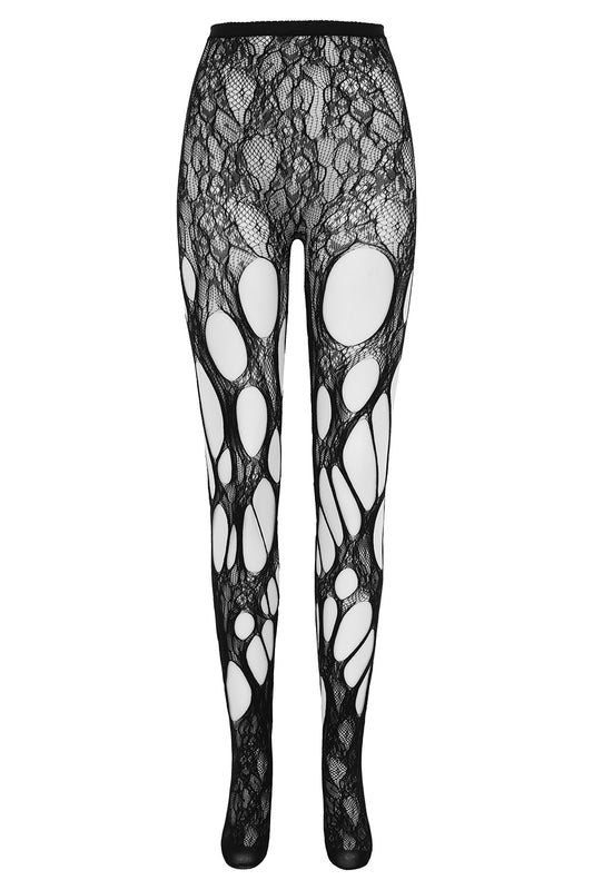 Schwarze Strumpfhose VORTEX TIGHTS mit Spitzenmuster und großen Löchern von Banned 