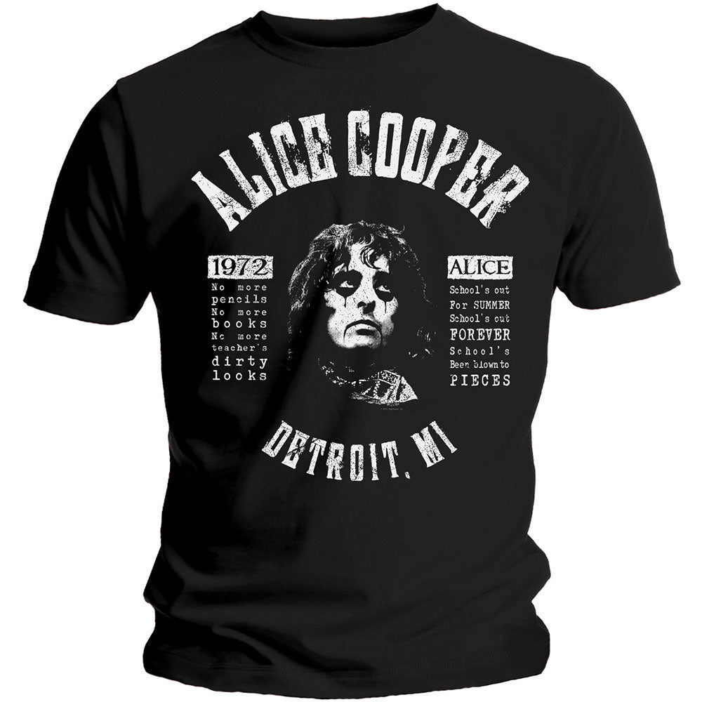Lizensiertes Alice Cooper Schools Out Bandshirt mit weißem Portraitprint und Text