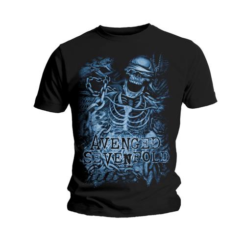 Lizensiertes Avenged Sevenfold Chained Skeleton Bandshirt mit Skelettprint im blauen Design