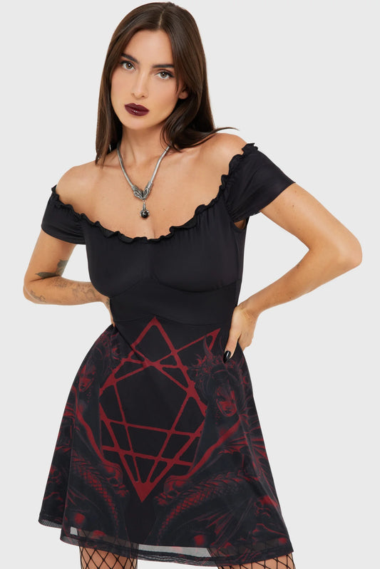 Schwarzes Kleid Atargatis Mini Dress mit okkultem Print von Killstar