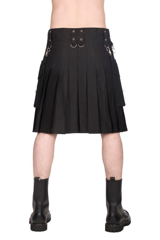 Rückseite schwarzer Kilt Button Kilt Denim mit Nieten, Ösen und abnehmbarer Kilttasche von Black Pistol