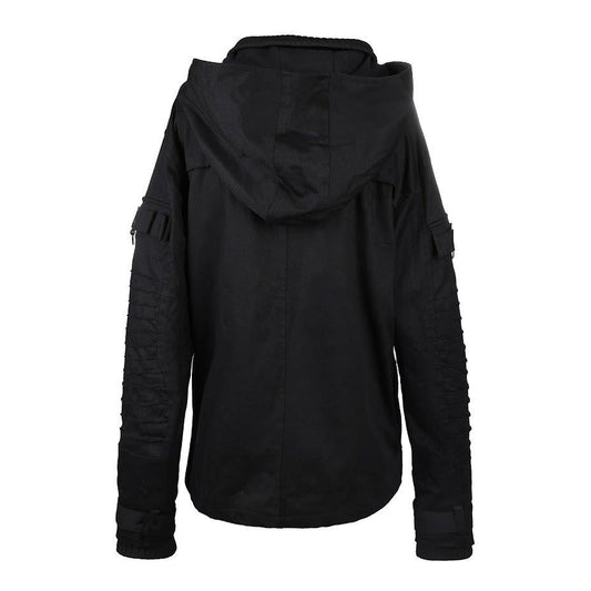 Rückseite schwarze Jacke Sew Jacket Denim mit vielen Jakentaschen und abnehmbarer Kapuze von Azzazzinz