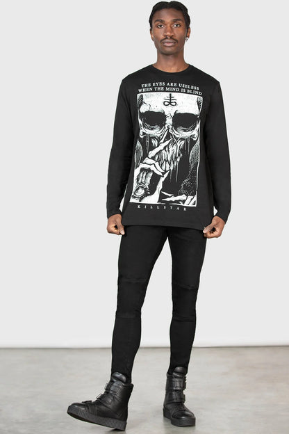Schwarzes Long Sleeve Shirt von Killstar mit weißem, großem Skull-Print und Aufschrif