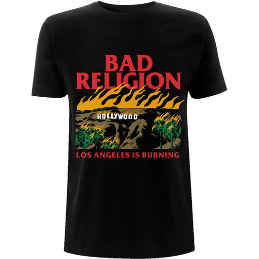 Lizensiertes Bad Religion Burning Black Bandshirt mit gezeichnetem, brennenden Hollywoodhügel