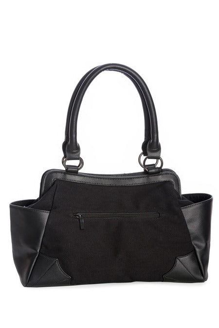Schwarze Tasche Black ILLUSIONARY HANDBAG mit Spinnennetzprint in Totenkopfform von Banned