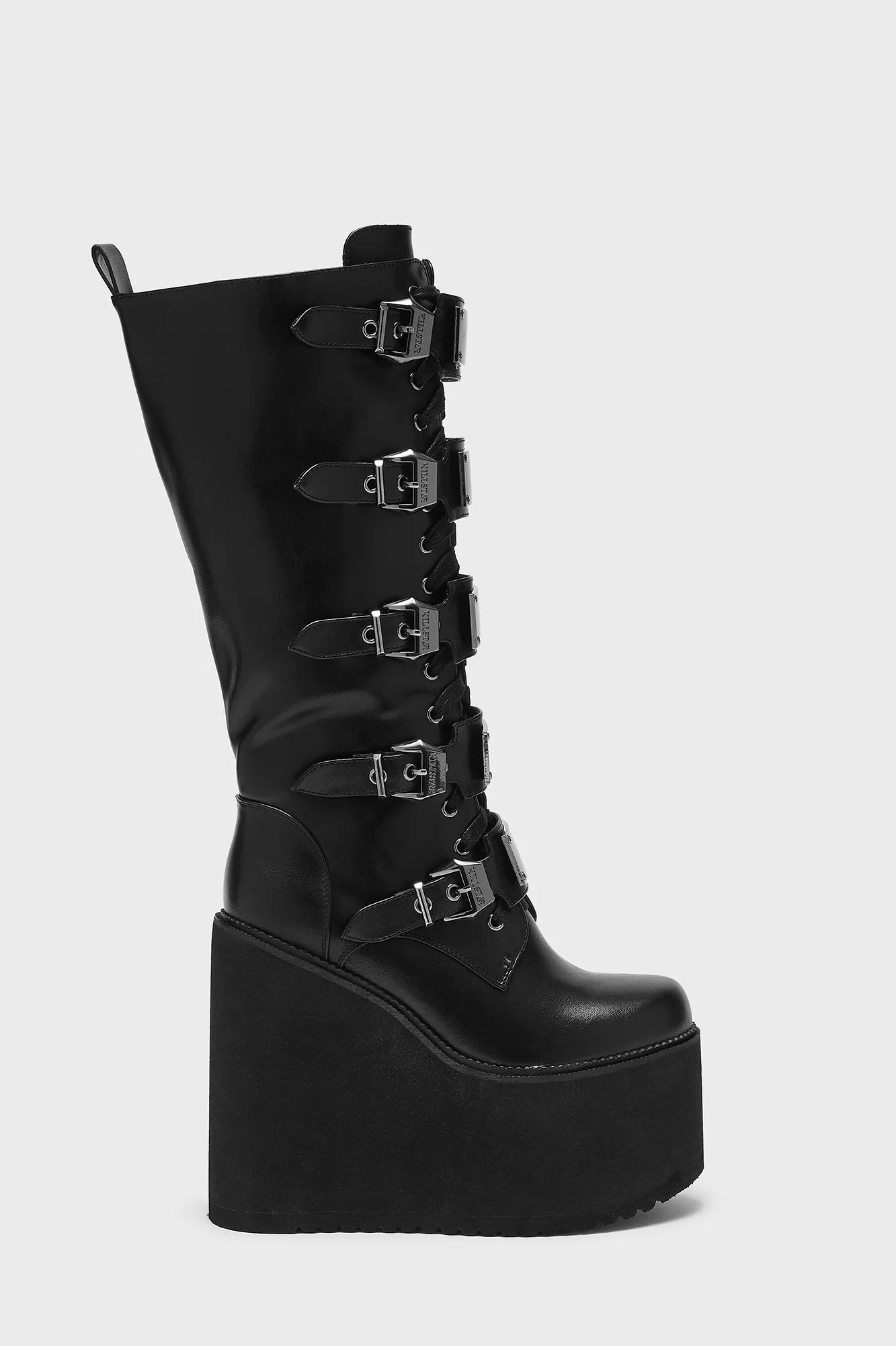Schwarze Plateaustiefel MS BOOM PLATFORM BOOTS mit Schnallen an der Vorderseite von Killstar