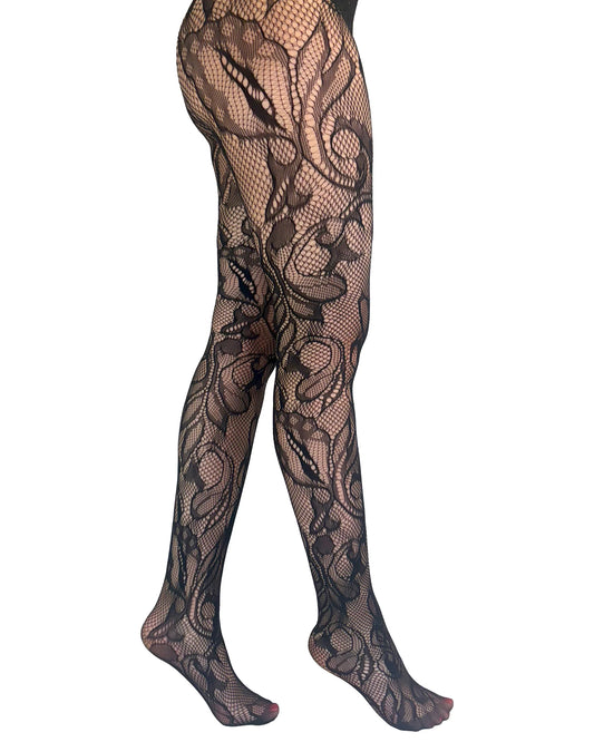 Schwarze Strumpfhose Botanical Net Tights aus Fischnetzstoff mit Rankenmuster von Pamela Mann
