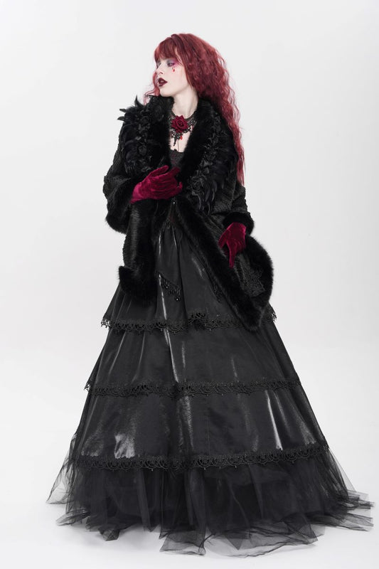 Romantisches Gothic-Capelet Black Roses Palace Pelerine mit Kunstpelzbesatz, 3D-Blumen, Federn und Spitzenstickerei von Devil Fashion