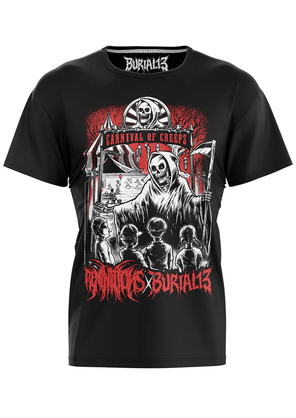 Schwarzes Oberteil CARNEVIL Shirt mit großem rot/schwarzem Sensemannprint von BURIAL 13 von Easure