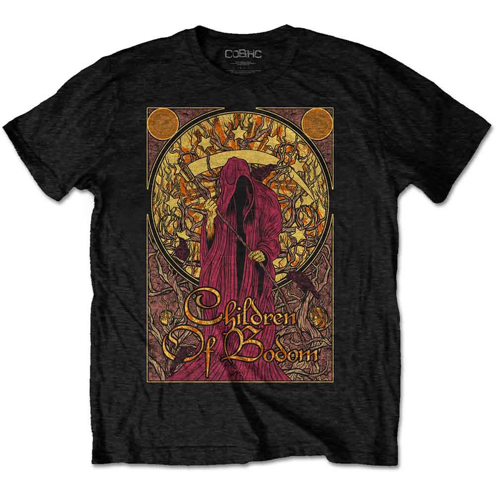 Lizensiertes Children Of Bodom Nouveau Reaper Bandshirt im rot-gelben Design mit Sensemannprint